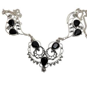 Simulated Black Onyx Sterling Silver Necklace - Intricate 22-Inch Statement